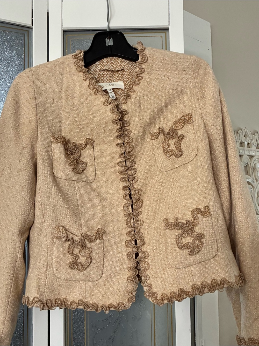 Escada Tan-Beige Wool Cropped Blazer with Decorative Trim